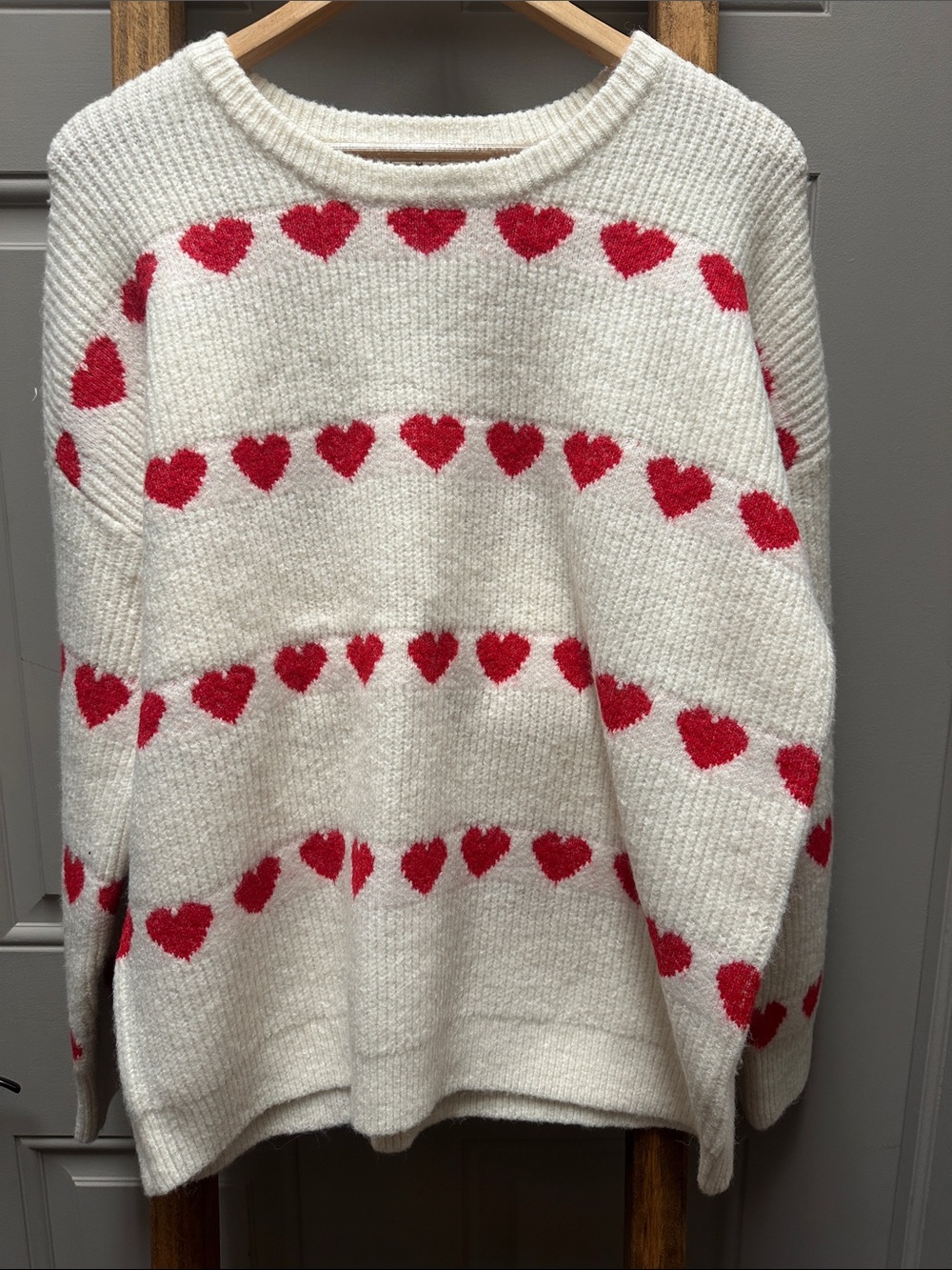 Vine & Love Cream Crewneck Sweater with Red Heart Stripes